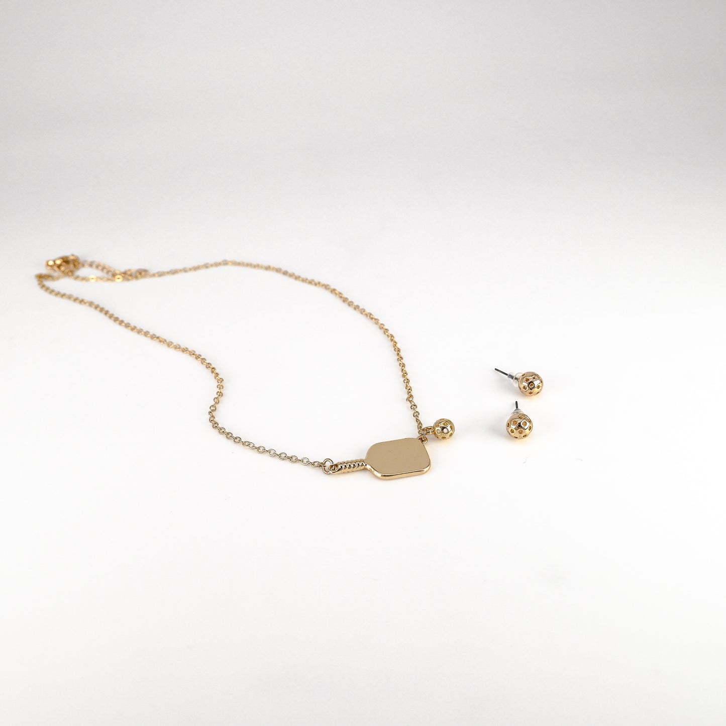 Gold Pickleball Stud Earring and Necklace Combo