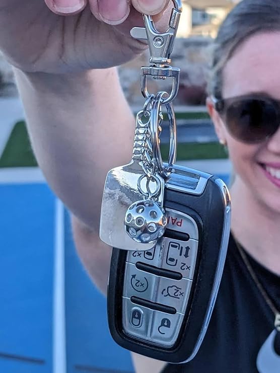 Pickleball keychain, with pickleball and paddle charms and spring clasp, hang on pickleball bag or keys (multiple colors)