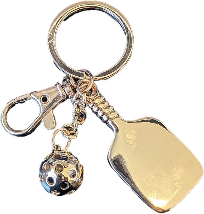 Pickleball keychain, with pickleball and paddle charms and spring clasp, hang on pickleball bag or keys (multiple colors)